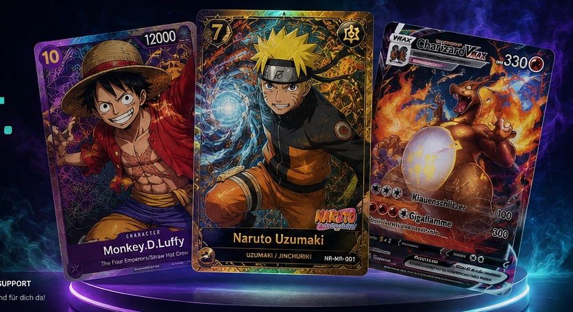 One Piece, Naruto Mythos und Pokémon Karten