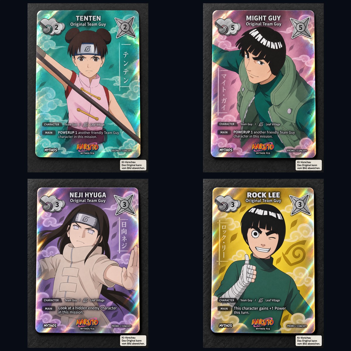 Alle vier Naruto Mythos Shinobi Shiren Promo-Karten: Tenten, Might Guy, Neji Hyuga und Rock Lee – bestehende KI-Vorschaubilder, Original kann abweichen