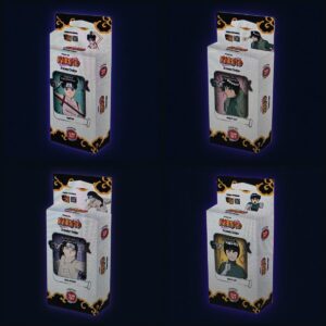 Alle vier Naruto Mythos Shinobi Shiren Team Sets: Tenten, Might Guy, Neji Hyuga und Rock Lee – Collage der vorhandenen Produktfotos