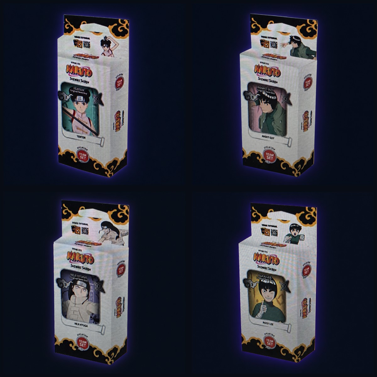 Alle vier Naruto Mythos Shinobi Shiren Team Sets: Tenten, Might Guy, Neji Hyuga und Rock Lee – Collage der vorhandenen Produktfotos